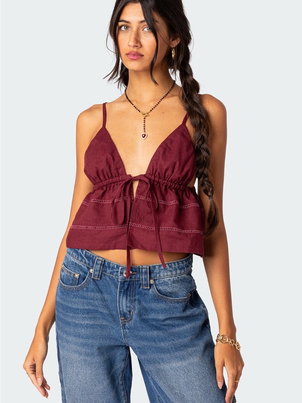 Edikted Burgundy Tie-Front Crop Top – Size S NWT